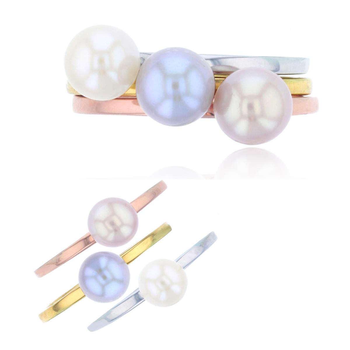14K Tricolor Gold 6mm Rnd White/Pink/Silver Pearl 3-Rings Set