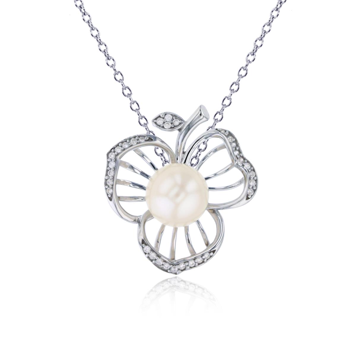 14K White Gold Rnd CZ & 7mm White Pearl Flower 18"Necklace