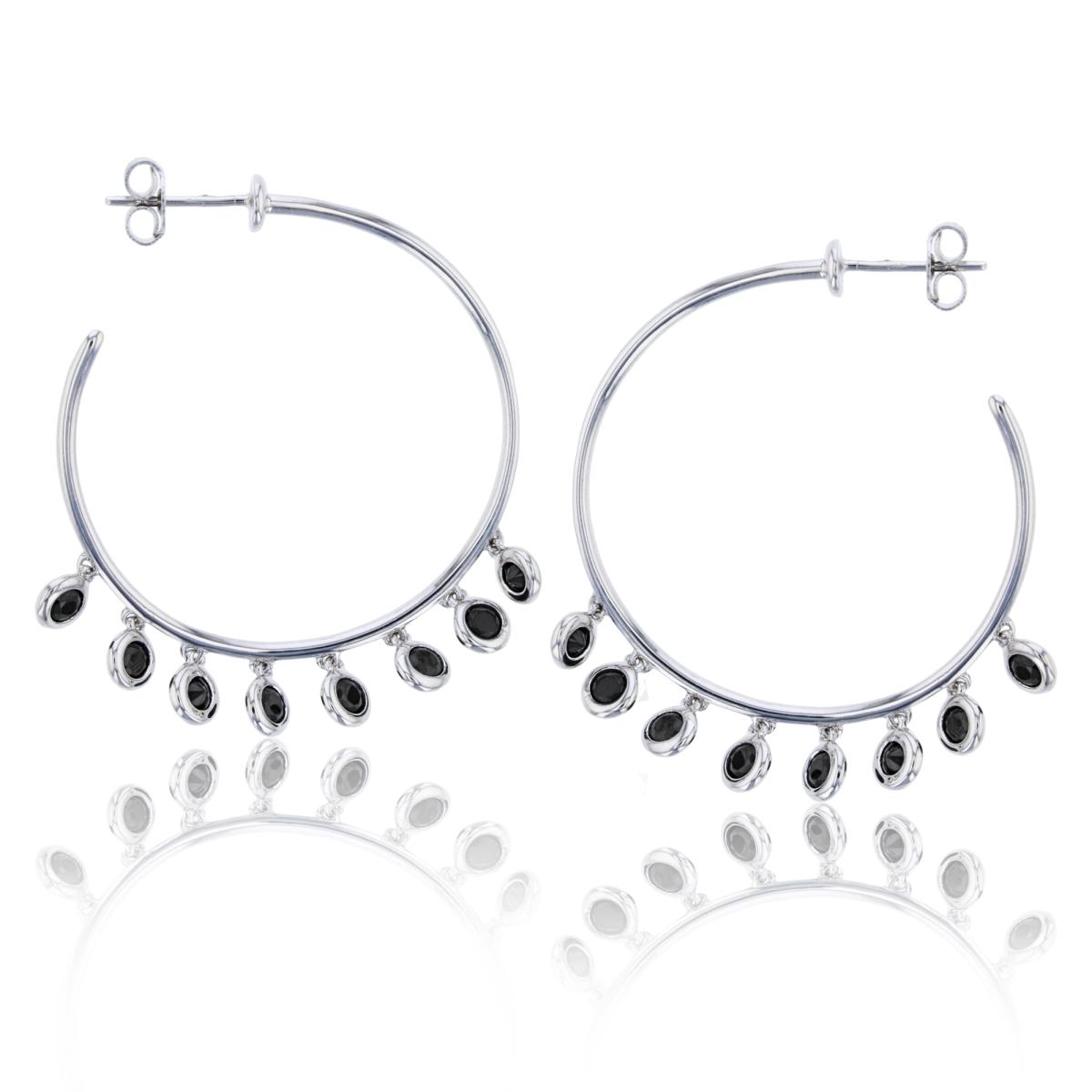 Sterling Silver Rhodium Rnd Bezel Onyx Circles Dangling on Open Tube Hoop Earring