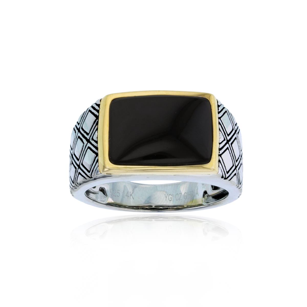 14K Yellow Gold & Two-Tone Silver 14x10mm Oct Inlay Onyx Textured Men's Ring