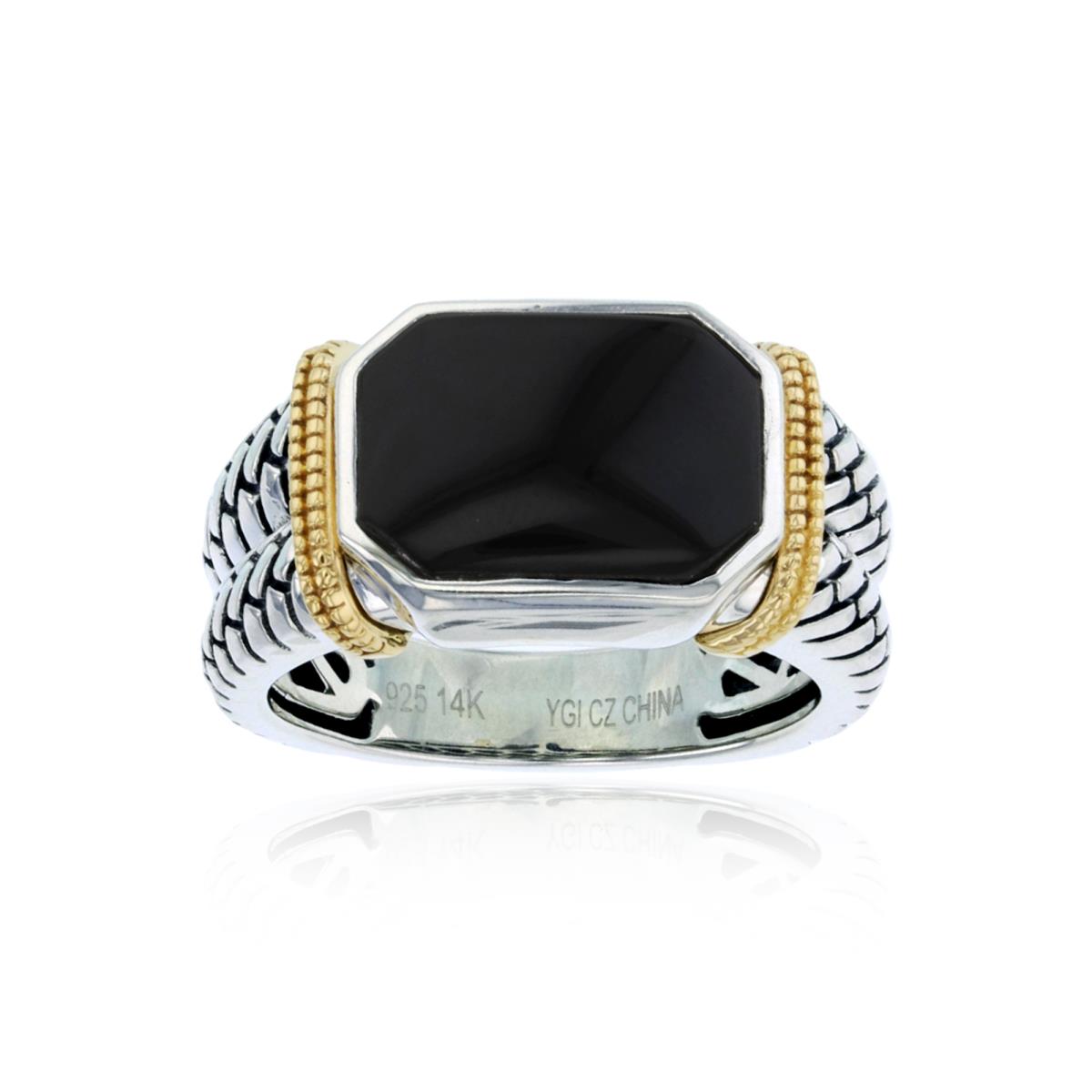 14K Yellow Gold & Two-Tone Silver 14x10mm Hexagon Inlay Onyx Textured Men's Ring