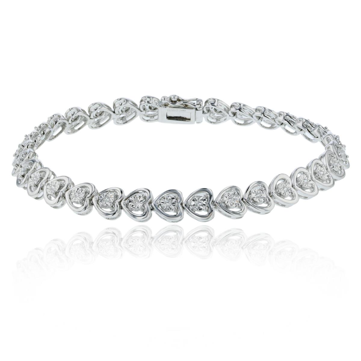 Sterling Silver Rhodium 0.10CTTW Rnd Diamonds Heart with Miracle Plate Linked Row Bracelet