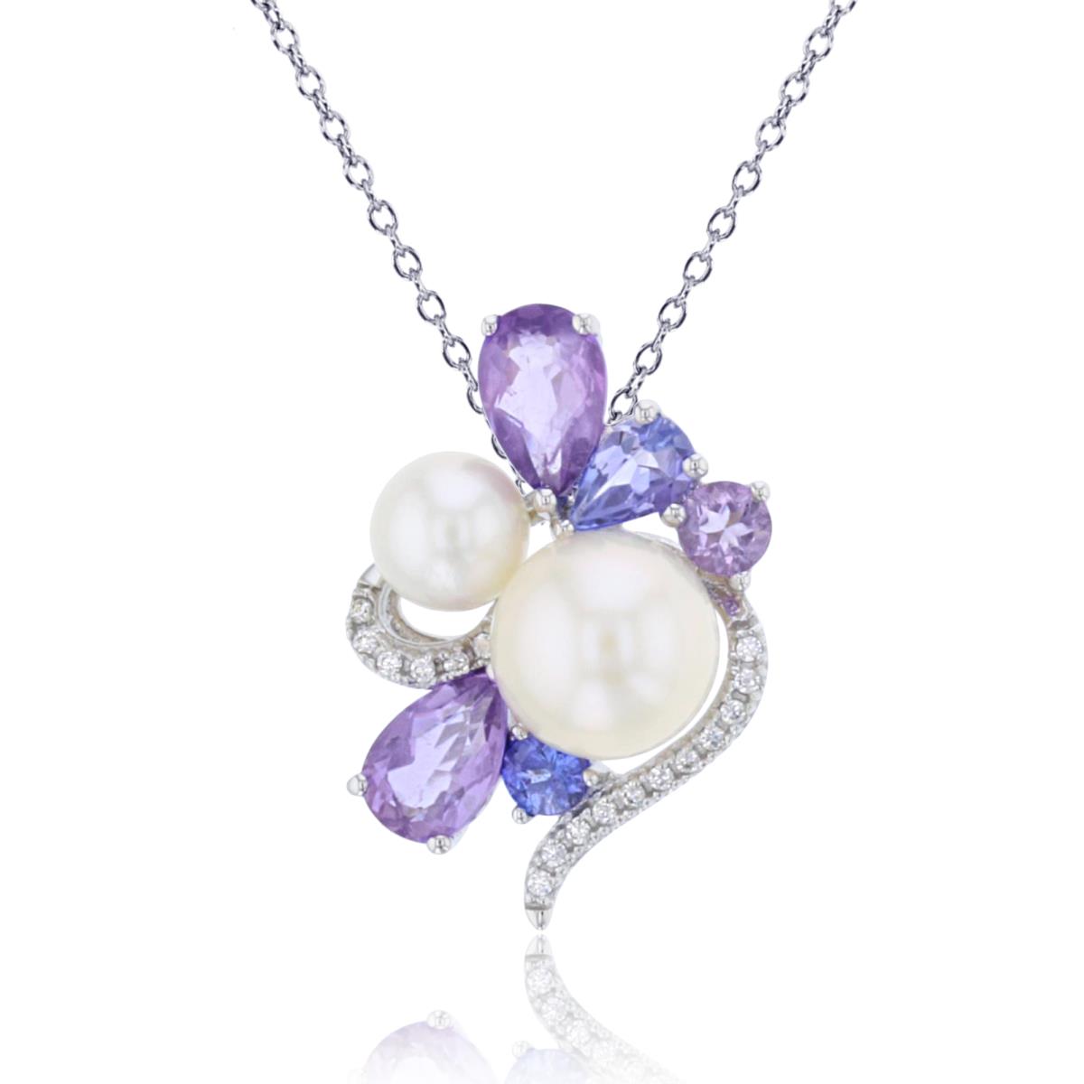 14K White Gold 0.05CTTW Rnd Diamonds & White Pearl/Tanzanite/Amethyst Flower18"Necklace