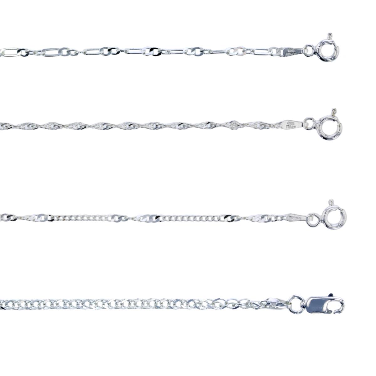 Sterling Silver Silver Plated E-Coated 18" Curb, 24" Triple Spiga, 20" Twist Curb & 24" Twist Figaro Chain Set