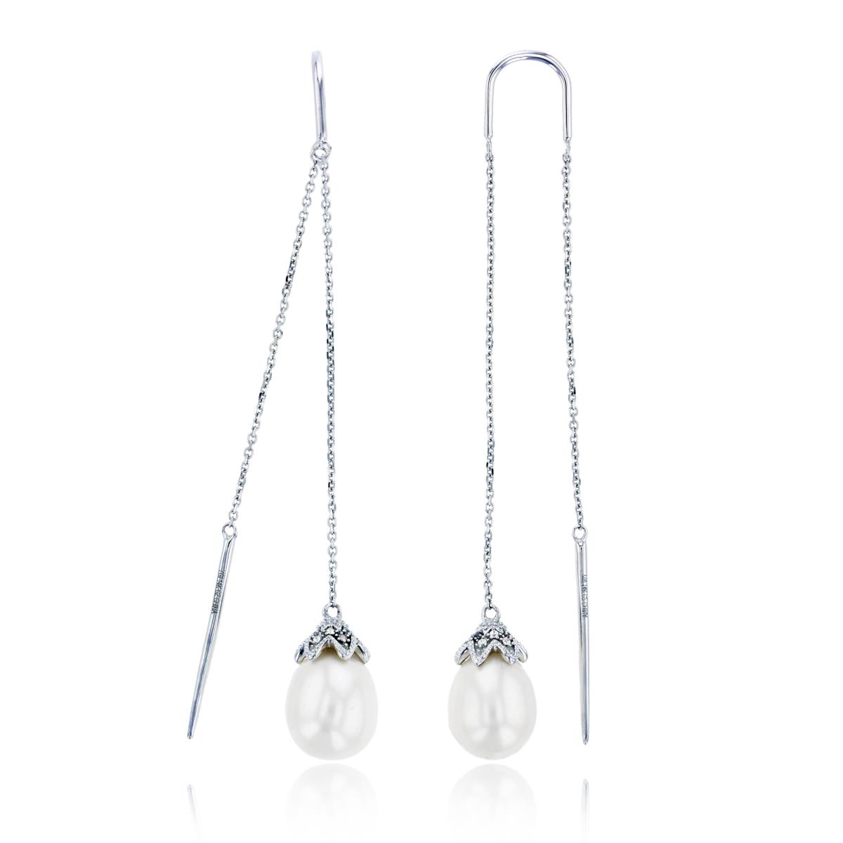 Sterling Silver Rhodium 10x8mm White Pearl Drop & Cr White Sapphire Milgrain Dangling on chain Earring