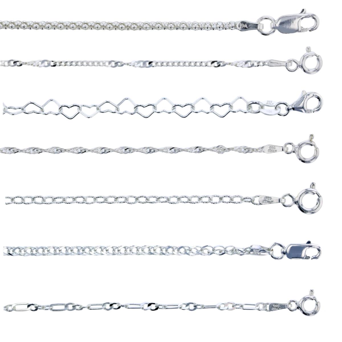 Sterling Silver Silver Plated E-Coated Curb, Triple Spiga, Popcorn, Twist Curb, Twist Figaro, Cable & Hearts 7" Chain Set