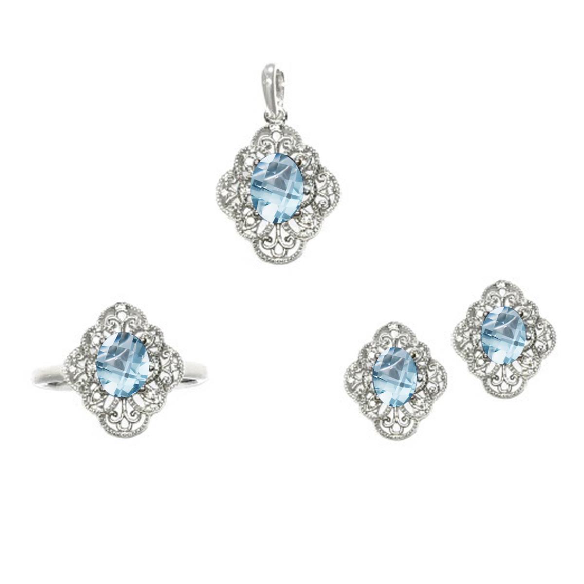 Sterling Silver Rhodium 0.04CTTW Rnd Diamonds & Ov Aquamarine 18"Necklace/Ring/Earrings Set