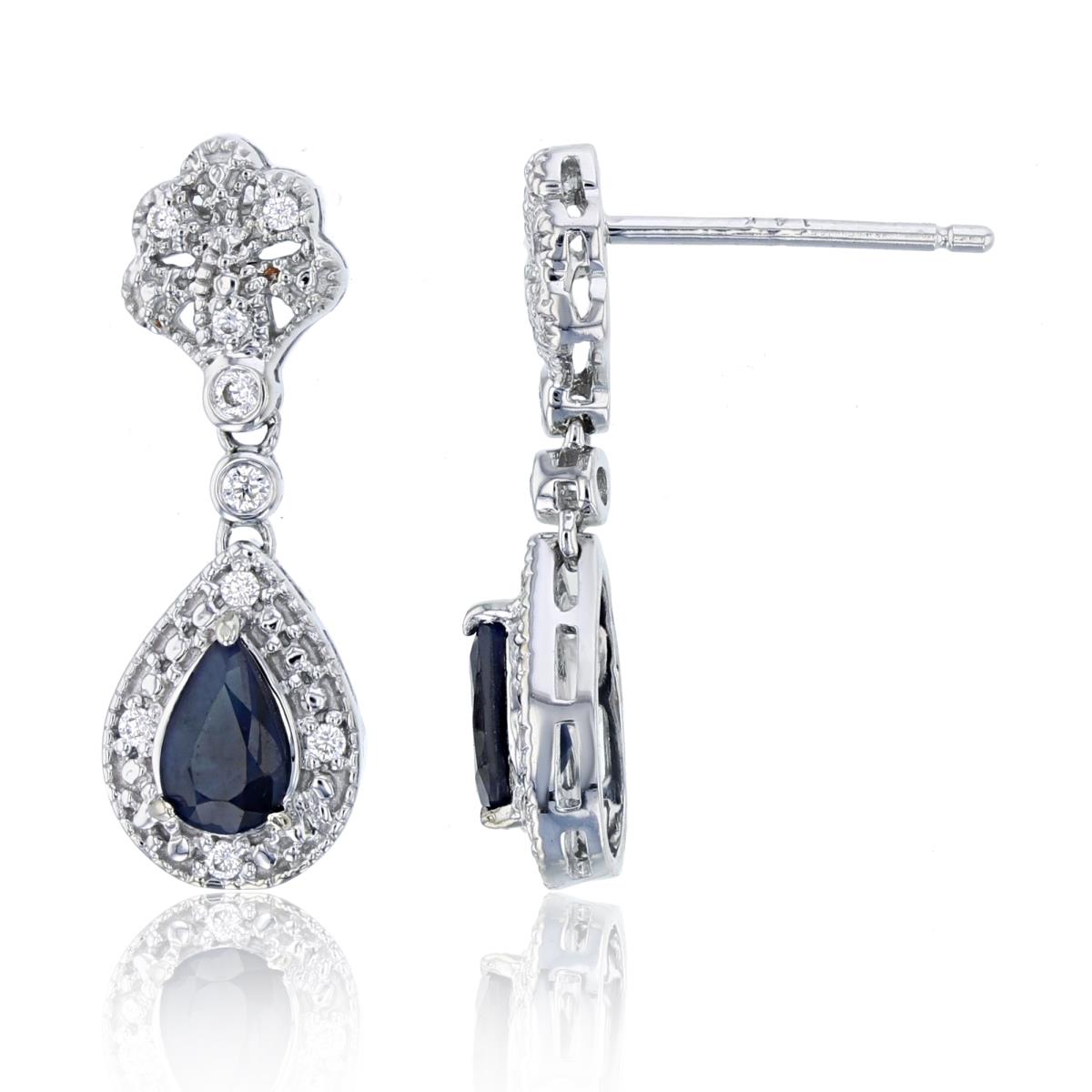 14K White Gold 0.11CTTW Rnd Diamonds & 6x4mm PS Sapphire Dangling Earring