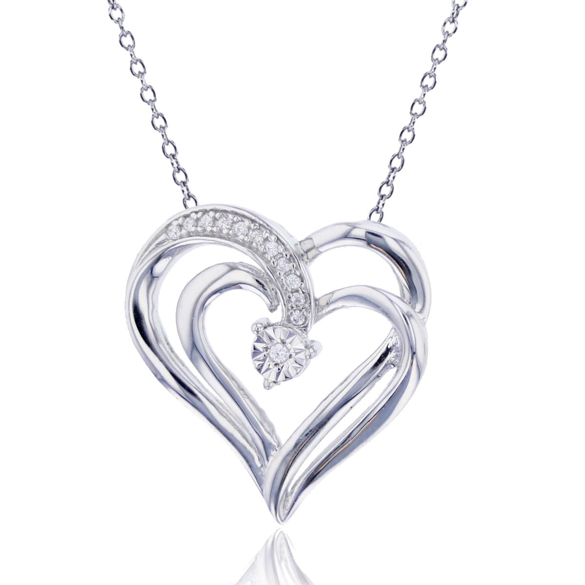 Sterling Silver Rhodium 0.04 CTTW Rnd Diamonds Double Hearts wirh Miracle Plate 18"Necklace