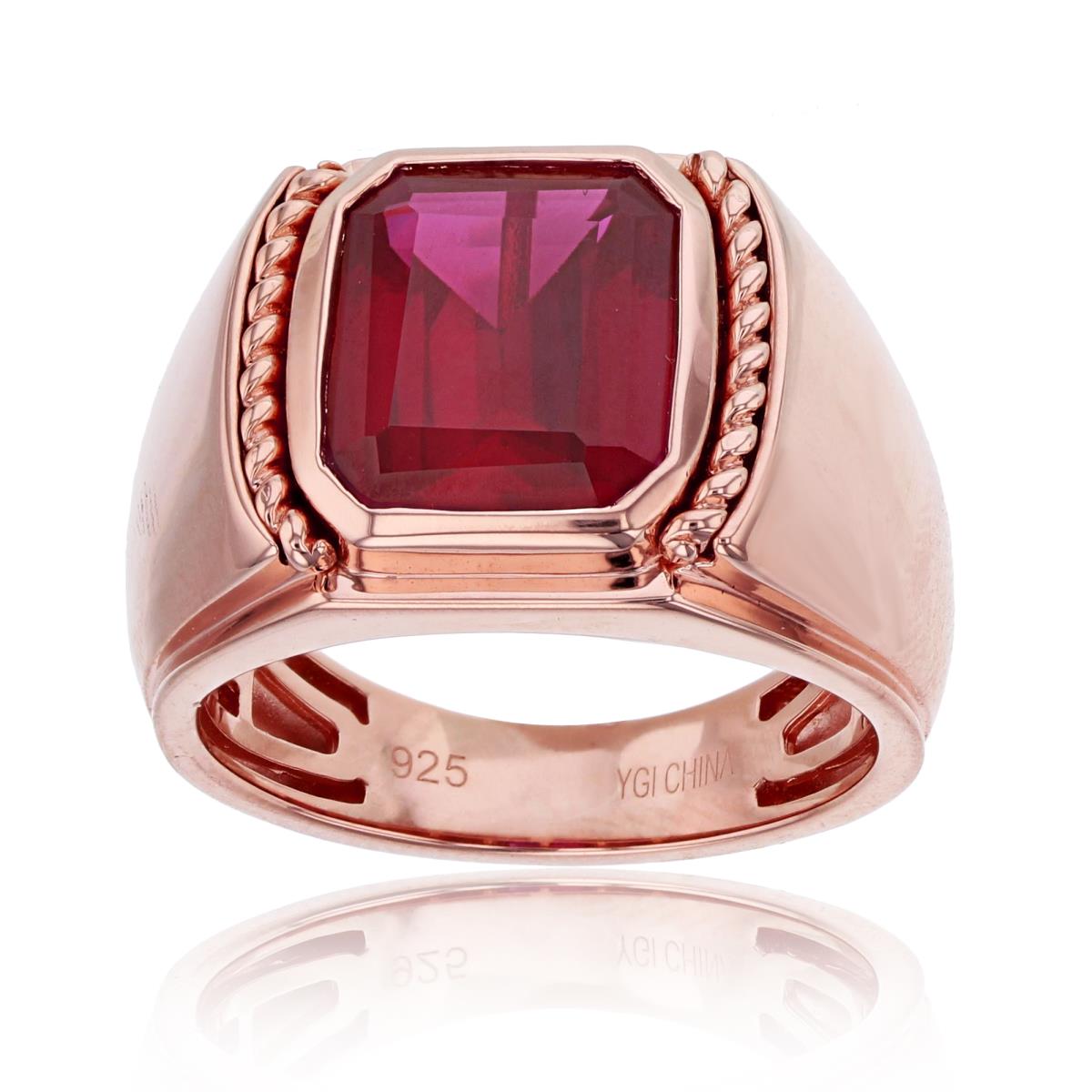 10K Rose Gold 12x10mm Oct Created Ruby Satin Textured Man's Ring