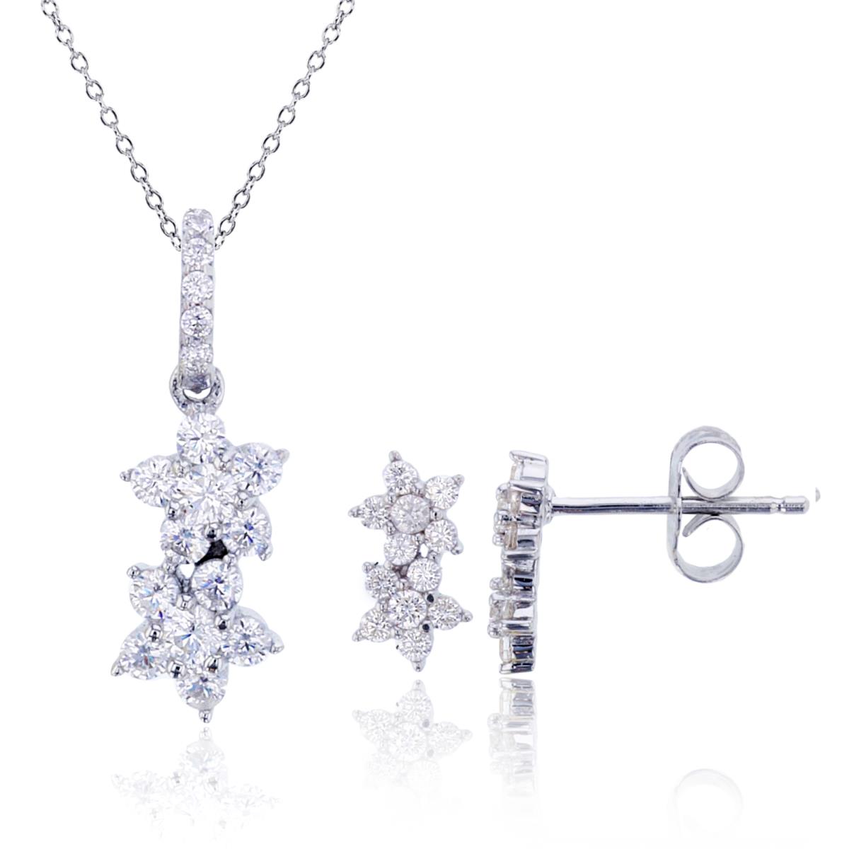 Sterling Silver Rhodium Rnd White CZ Double Flowers 18" Necklace & Earring Set