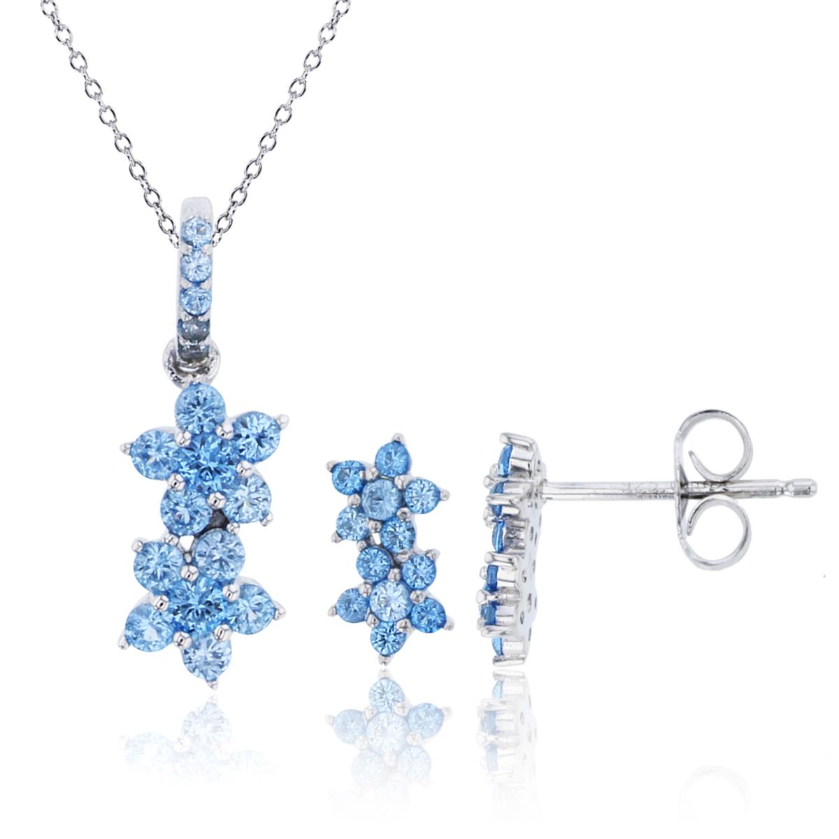 Sterling Silver Rhodium Rnd #119 Blue CZ Double Flowers 18" Necklace & Earring Set