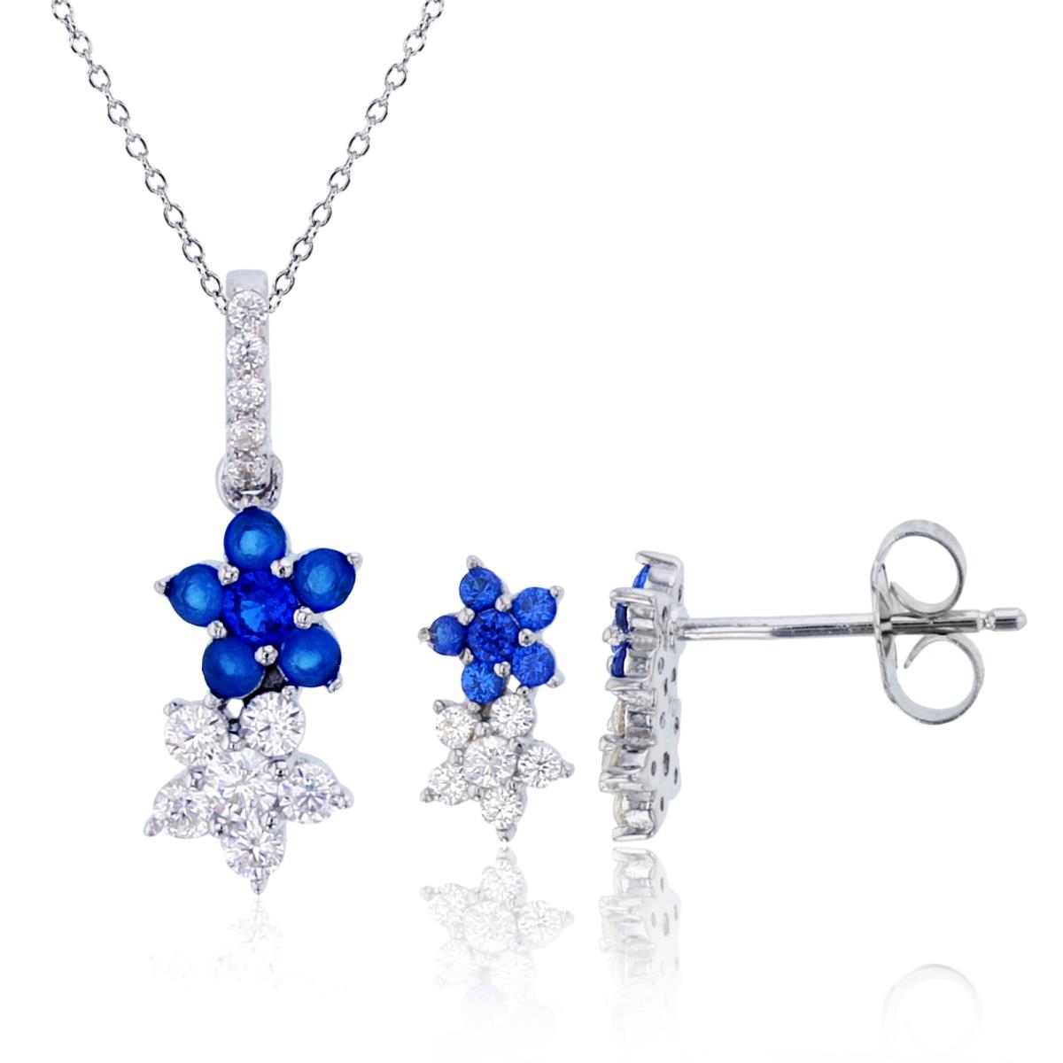 Sterling Silver Rhodium Rnd #113 Blue CZ Double Flowers 18" Necklace & Earring Set