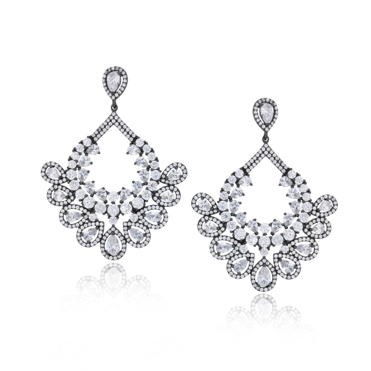Sterling Silver Black Rnd/PS White CZ Halo Drops PS-Dangling Earring