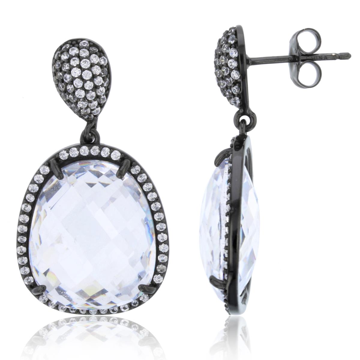 Sterling Silver Black Rnd & 17.5X14.5mm Irregular Checkerboard White CZ Dangling Earring