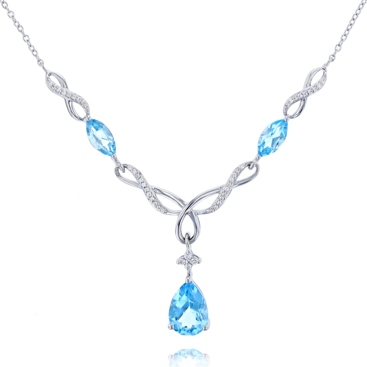 Sterling Silver Rhodium MQ/PS Swiss Blue Topaz & Rnd Created White Sapphire Dangling 24" Y-Necklace