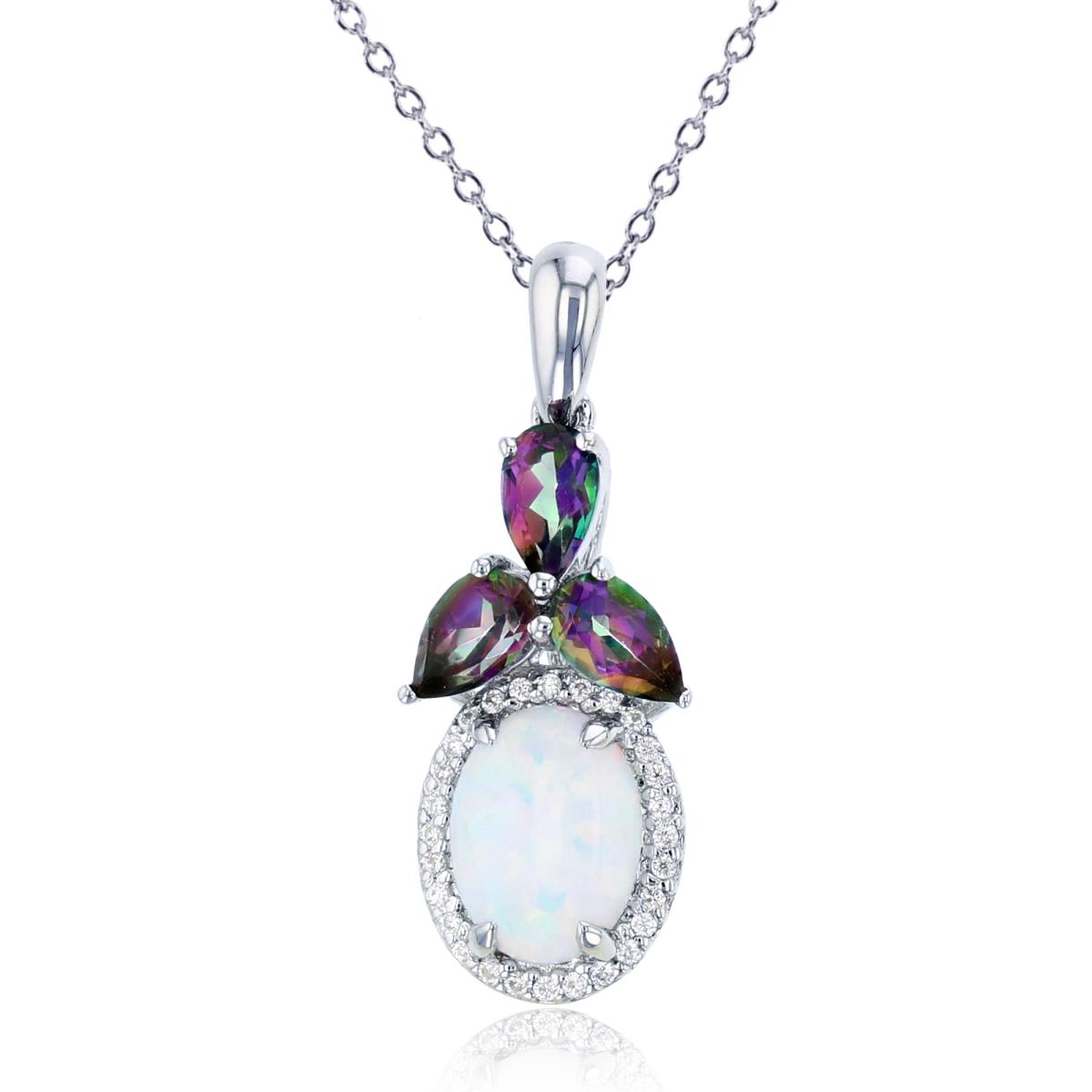 Sterling Silver Rhodium 0.06 CTTW Rnd Diamond & Oval Opal /PS Mystic Green Fashion 18"Necklace