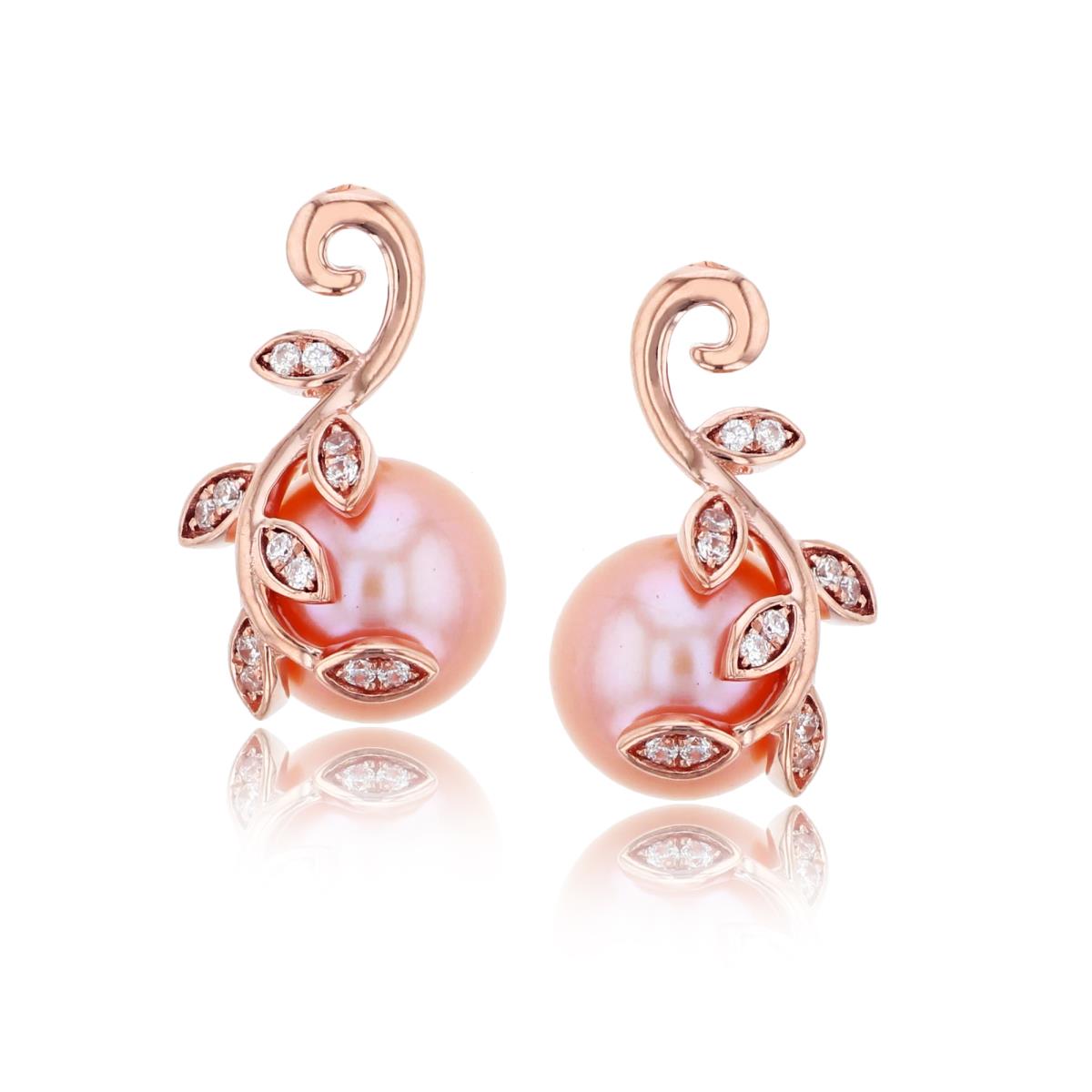 14K Rose Gold 0.10 CTTW Rnd Diam & 7mm Rnd Pink Pearl with Leaves Earrings