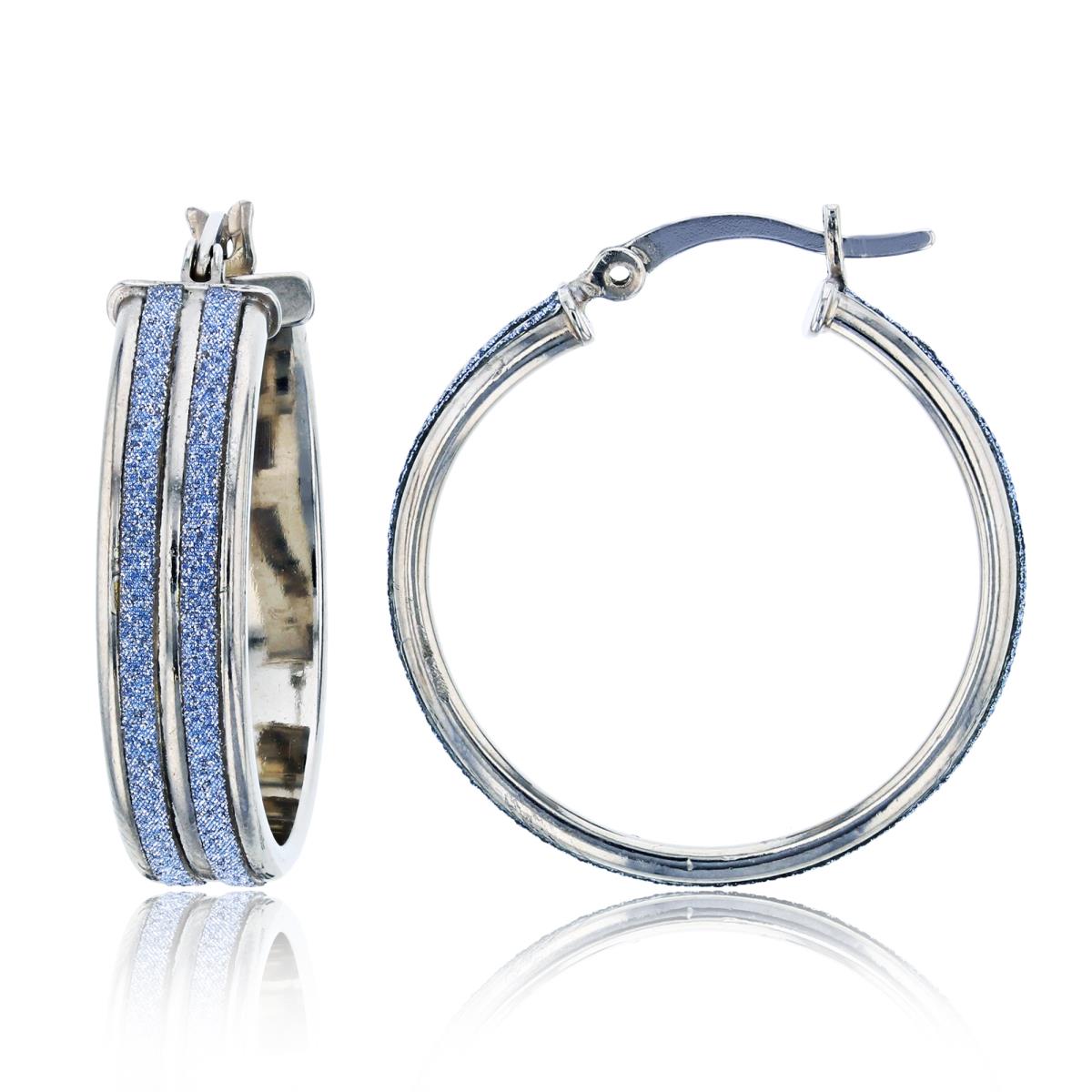 Sterling Silver Rhodium 25X5mm Blue Glitter Hoop Earring