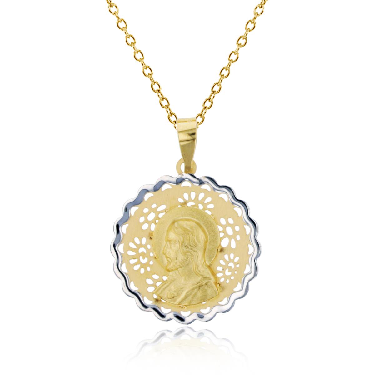 14K Two-Tone Gold Matte Sacred Heart of Jesus Wavy Medallion 18" Necklace