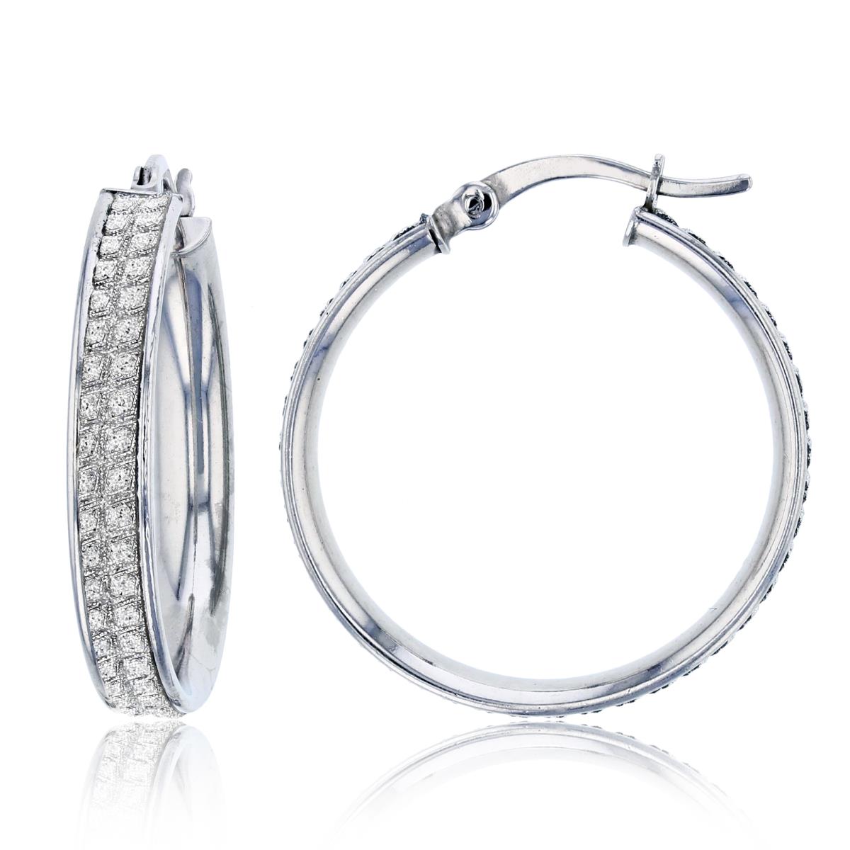 Sterling Silver Rhodium 26X4mm White Glitter Hoop Earring