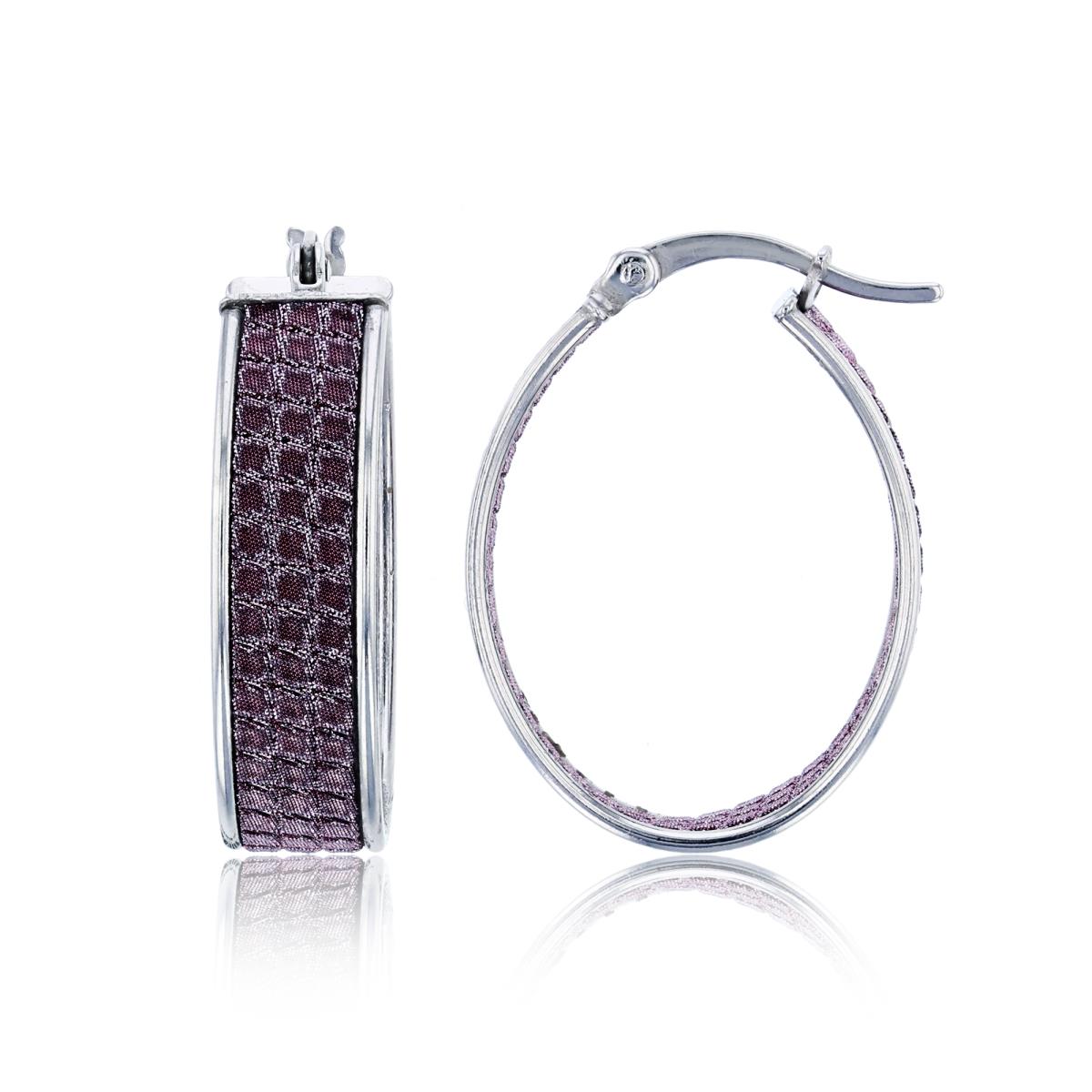 Sterling Silver Rhodium 25X7mm Pink Glitter Hoop Earring