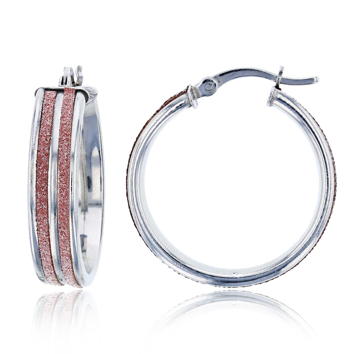 Sterling Silver Rhodium 25X5mm Pink Glitter Hoop Earring