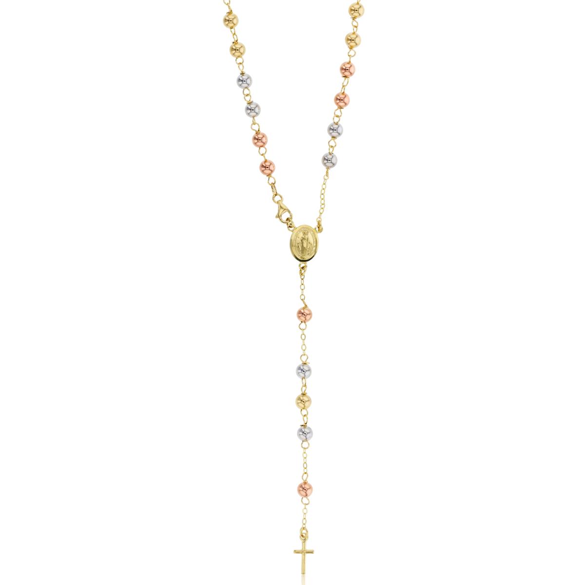 14K Tri-Color Gold Polished 5mm Beads 24" Rosary Necklace