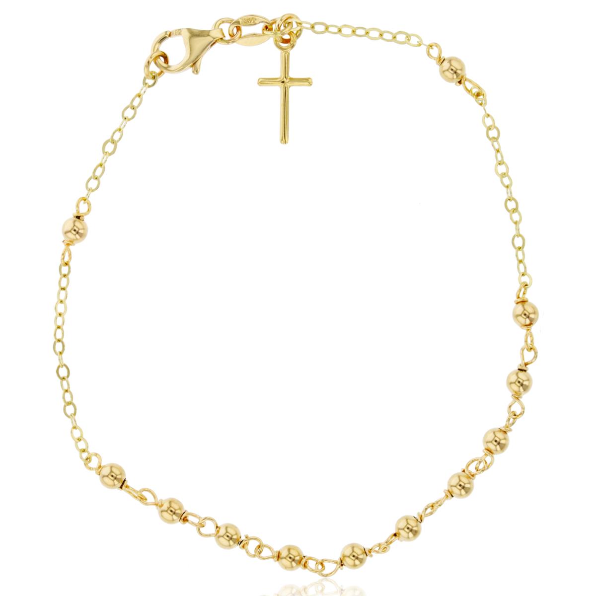14K Yellow Gold 3mm Polished Beads Dangling Cross 7.25" Bracelet