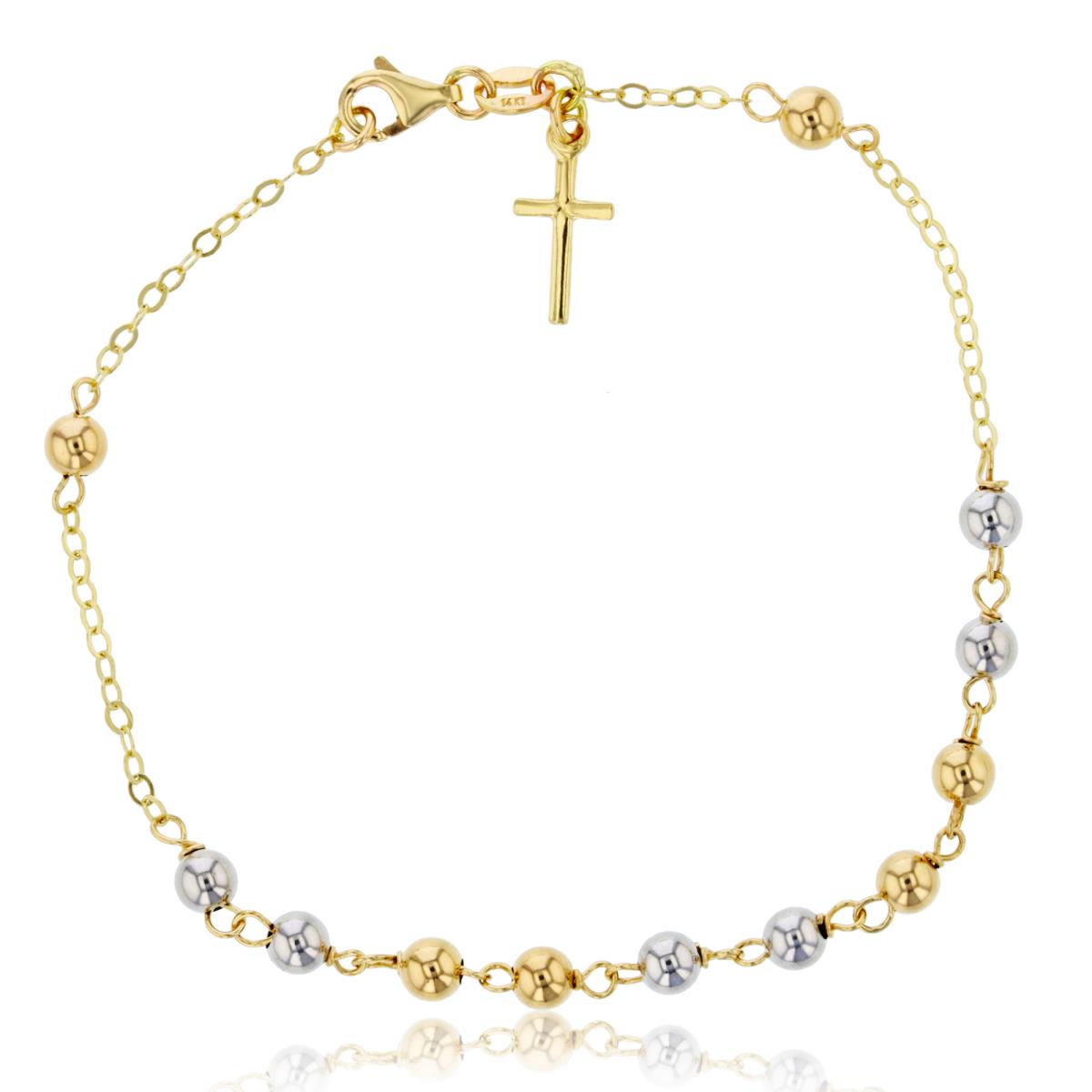 14K Two-Tone Gold 4mm Polished Beads Dangling Cross 7.25" Bracelet