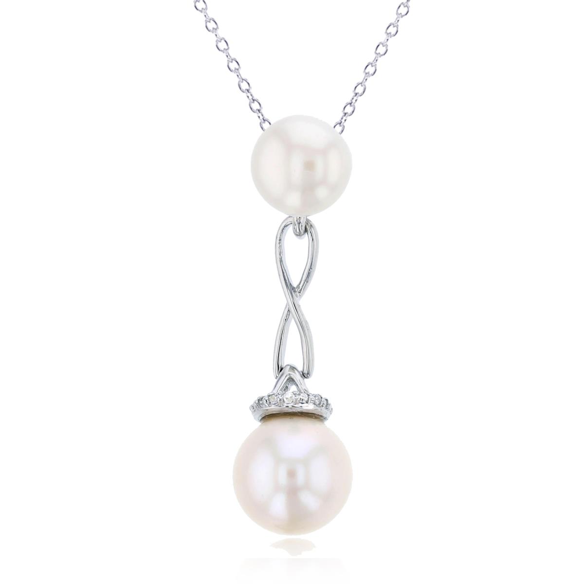 Sterling Silver Rhodium 0.05 CTTW Rnd Diam & 9mm Rnd/7mm Button White Pearl Dangling 18"Necklace