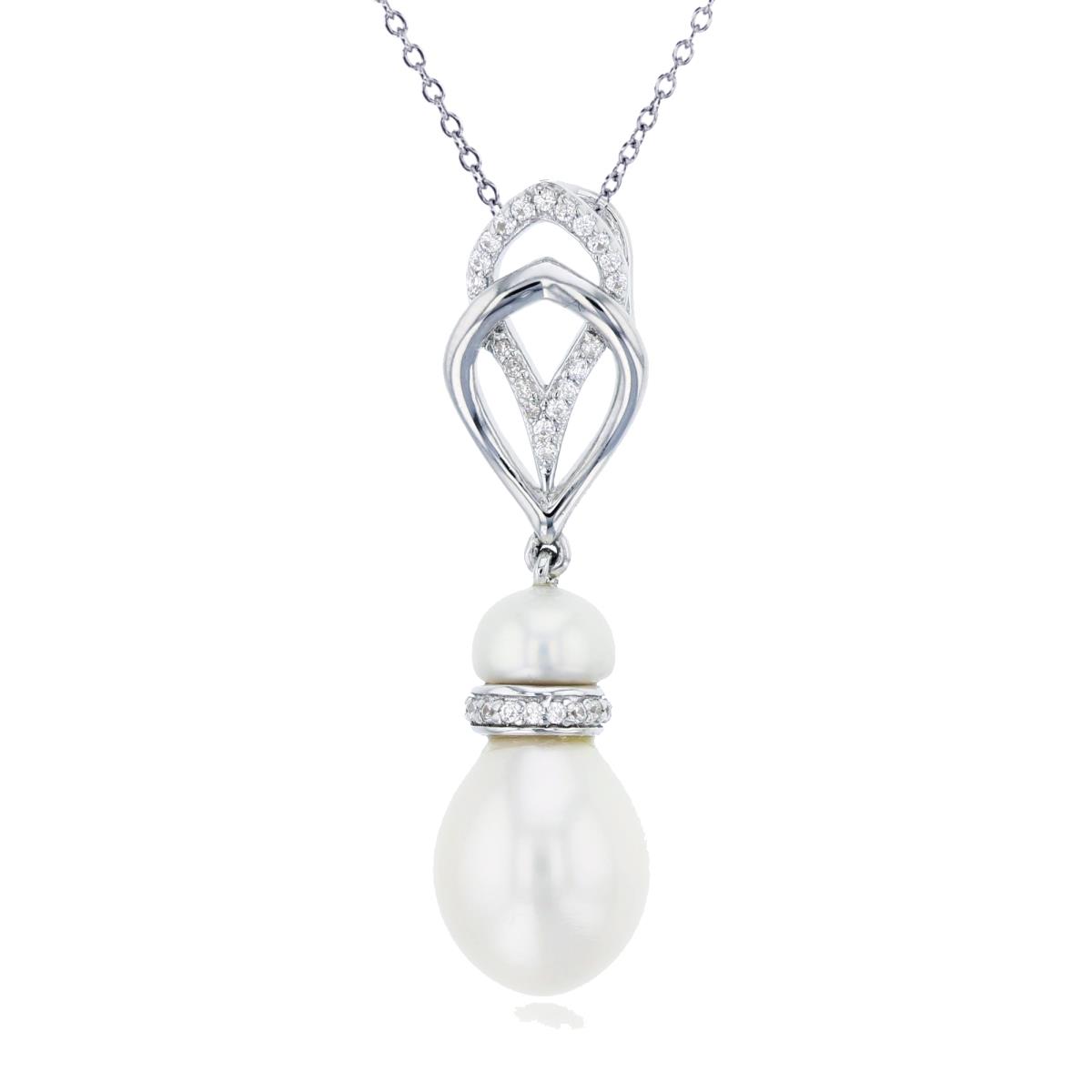 Sterling Silver Rhodium  0.11 CTTW Rnd Diamond & White Pearl Bead and Drop Dangling 18"Necklace