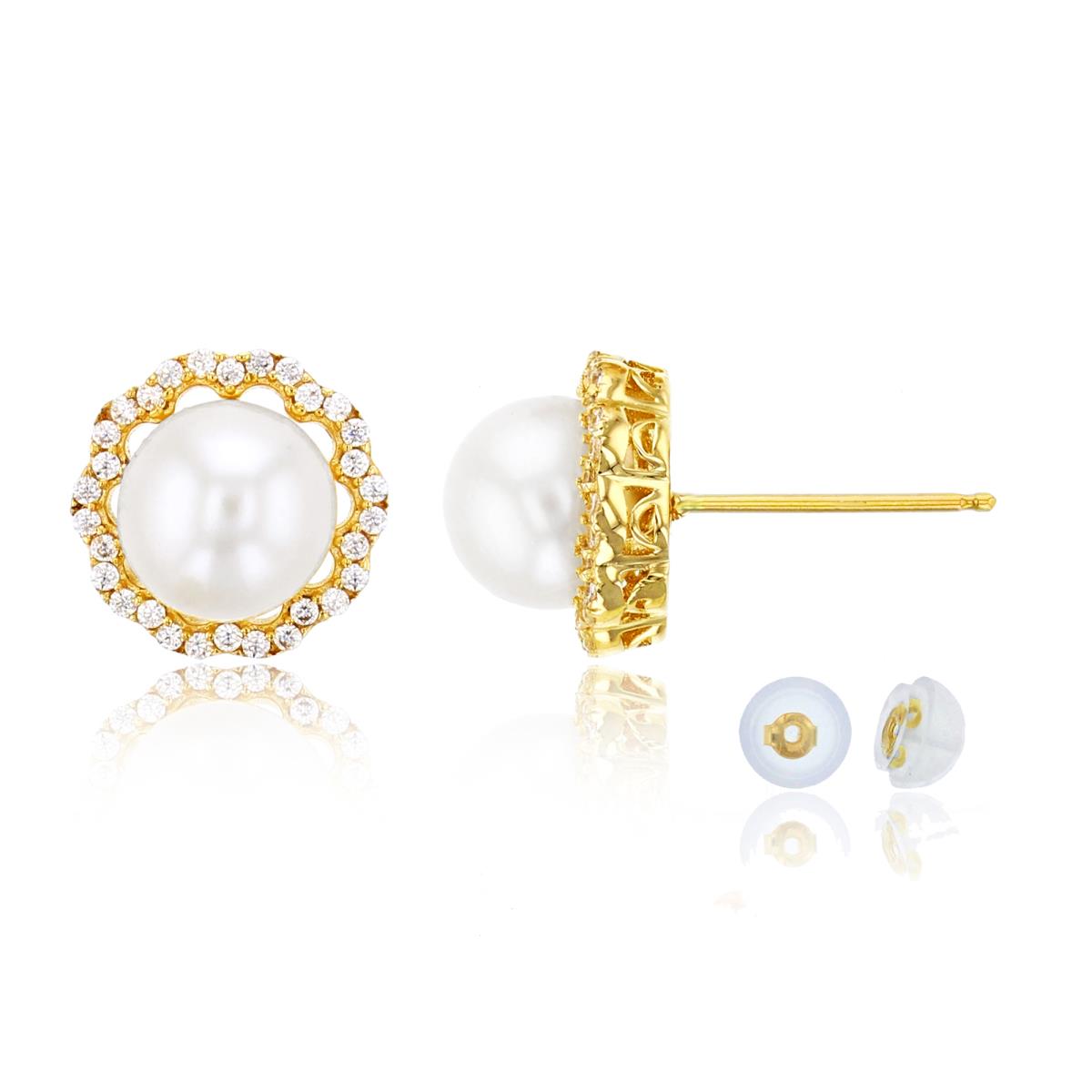 10K Yellow Gold 0.18 CTTW Rnd Diamonds & 6mm Pearls Studs with Silicone Backs