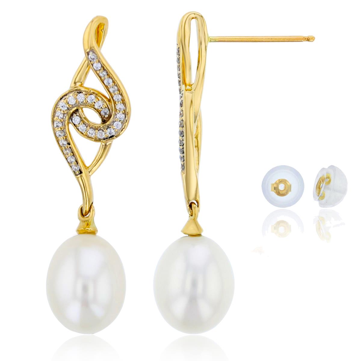 10K Yellow Gold 0.22 CTTW Rnd Diam & 10X8 mm TD White Pearl Drop Dangling Earring with Silicone Backs