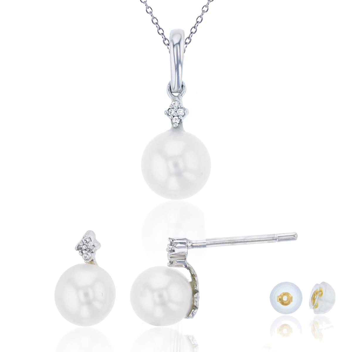 10K White Gold 0.03 CTTW Diamond & Rnd Pearl 18" Necklace/Earring Set with Silicon Backs