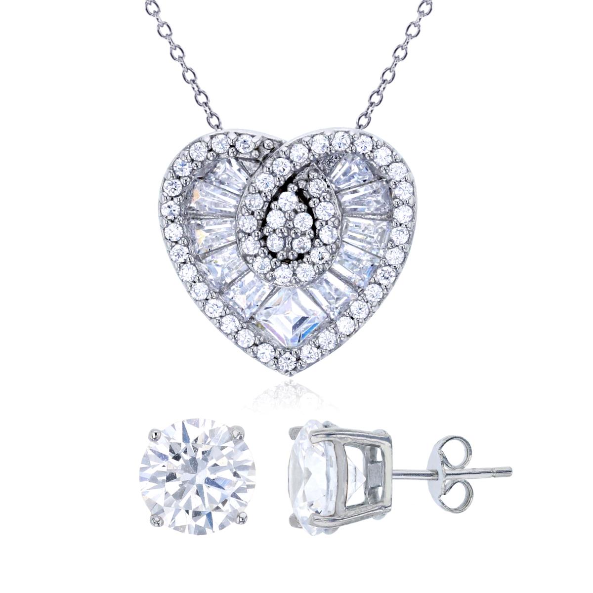 Sterling Silver Rhodium Pave Rd/Bgt CZ Heart 18" Necklace & 8mm Rd Solitaire Stud Earring Set