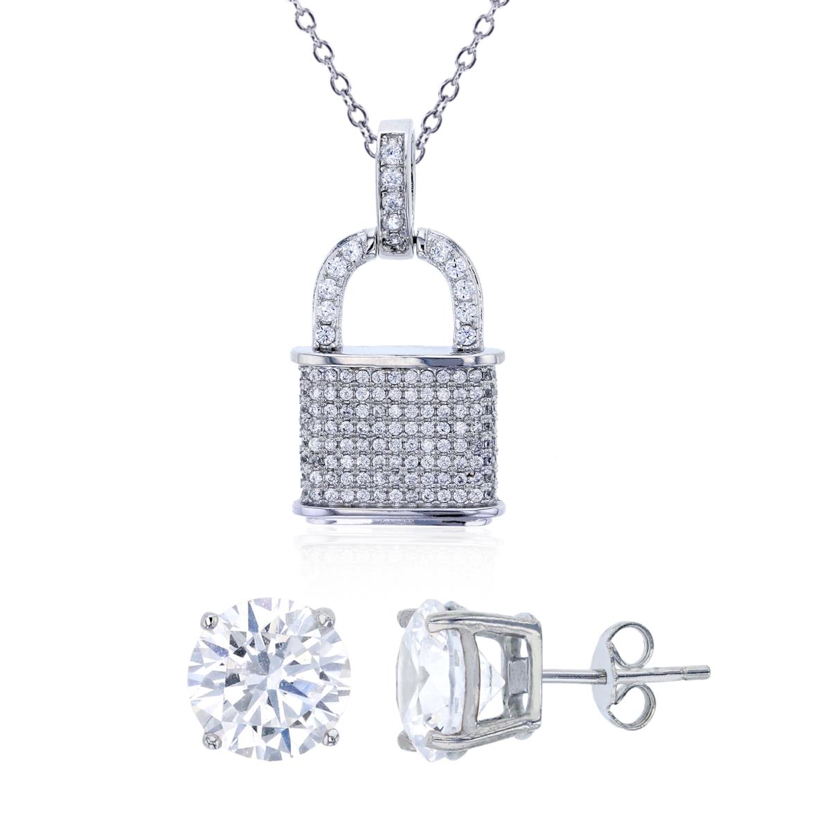 Sterling Silver Rhodium Micropave Rd CZ Lock 18" Necklace & 8mm Rd Solitaire Stud Earring Set