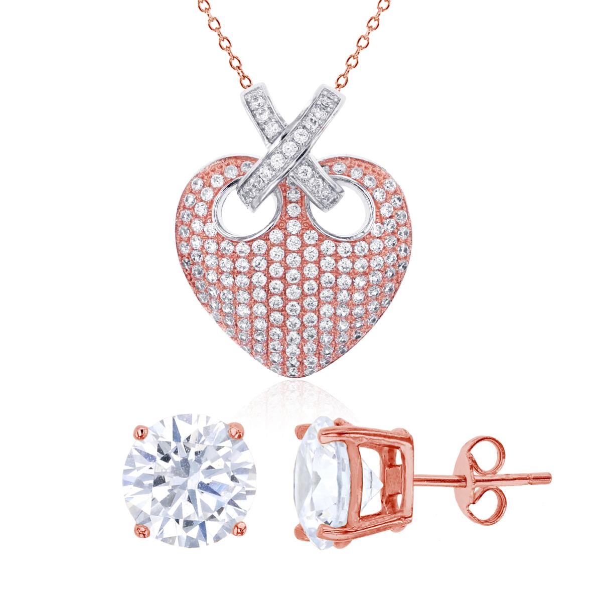Sterling Silver Rose & White Micropave Heart 18" Necklace & 8mm Rd Solitaire Stud Earring Set