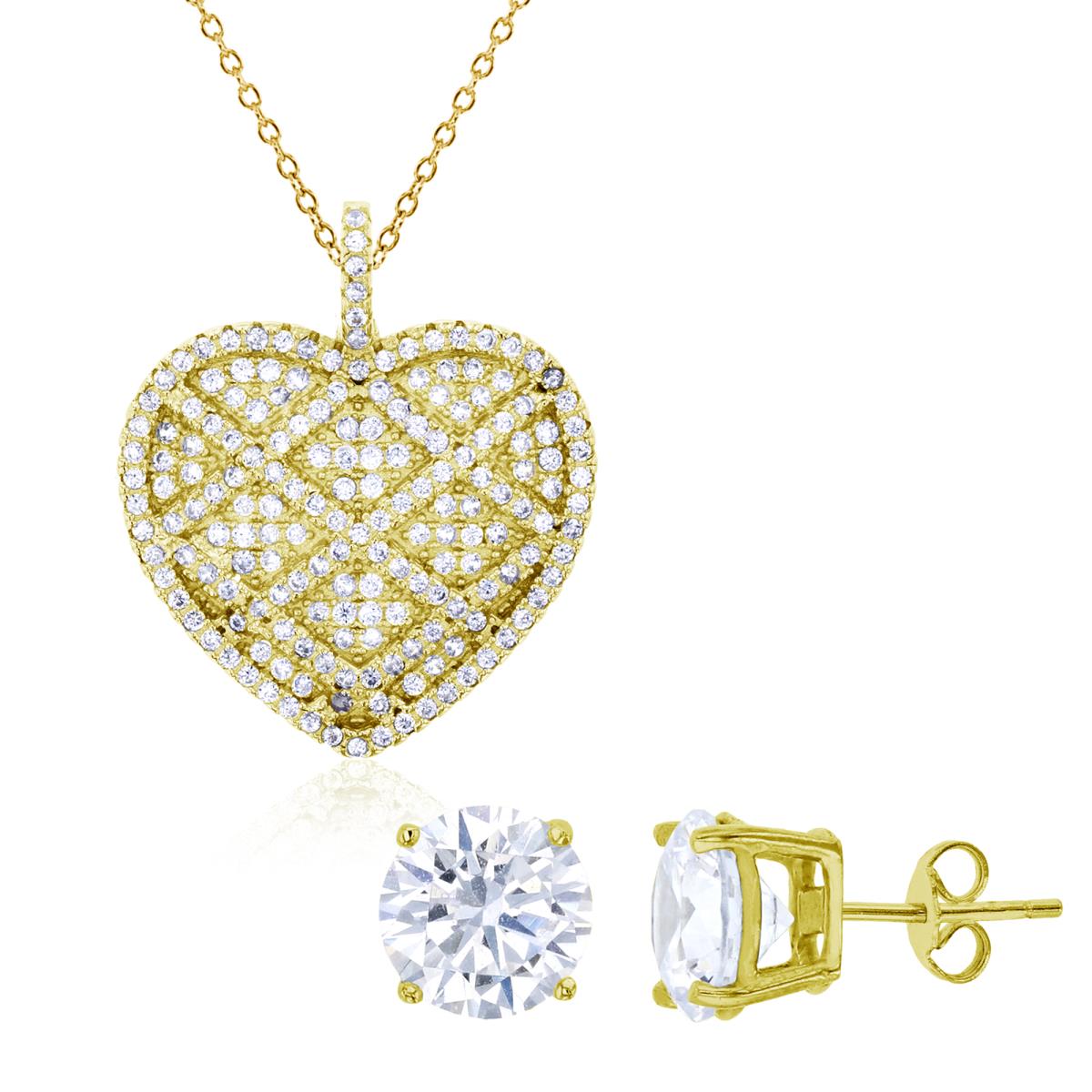 Sterling Silver Yellow Micropave Heart 18" Necklace & 8mm Rd Solitaire Stud Earring Set