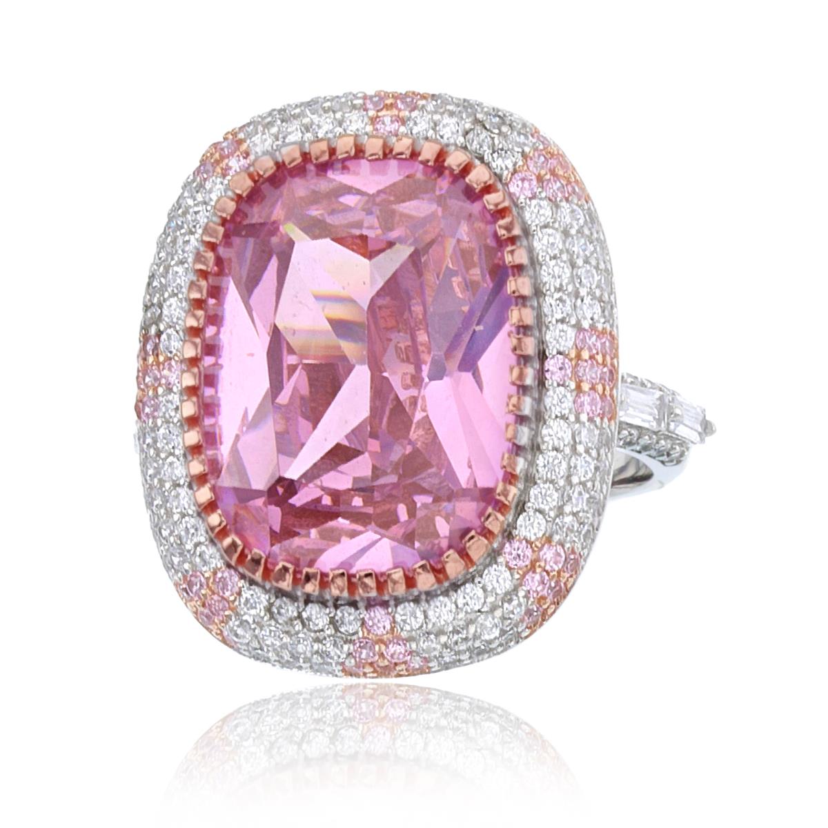 Sterling Silver Two-Tone 16x12mm Cush Pink CZ Center & SB/Rnd Pink/White CZ Micropave Halo Ring