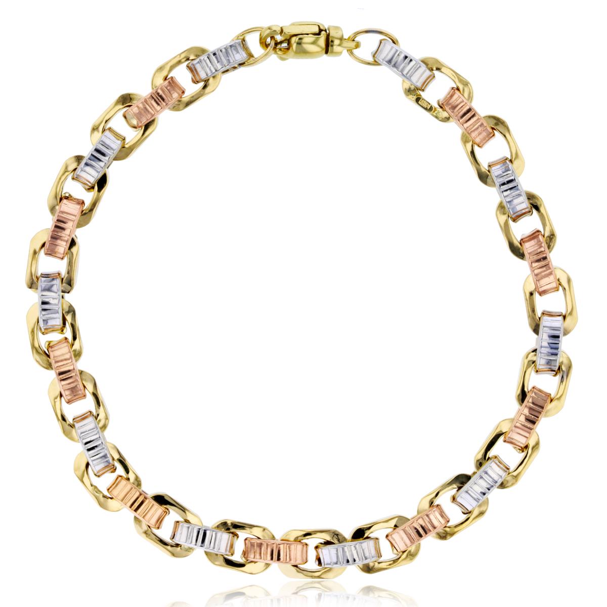 14K Tri-Color Gold Polished & Textured Oval Links 8.5" Bracelet