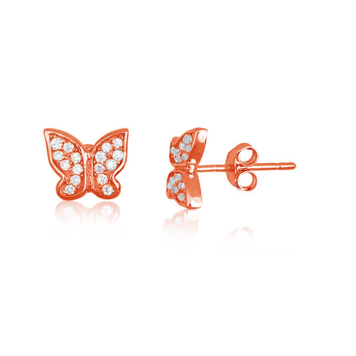 Sterling Silver Rose 1-Micron 8mm Pave Butterfly Stud Earring