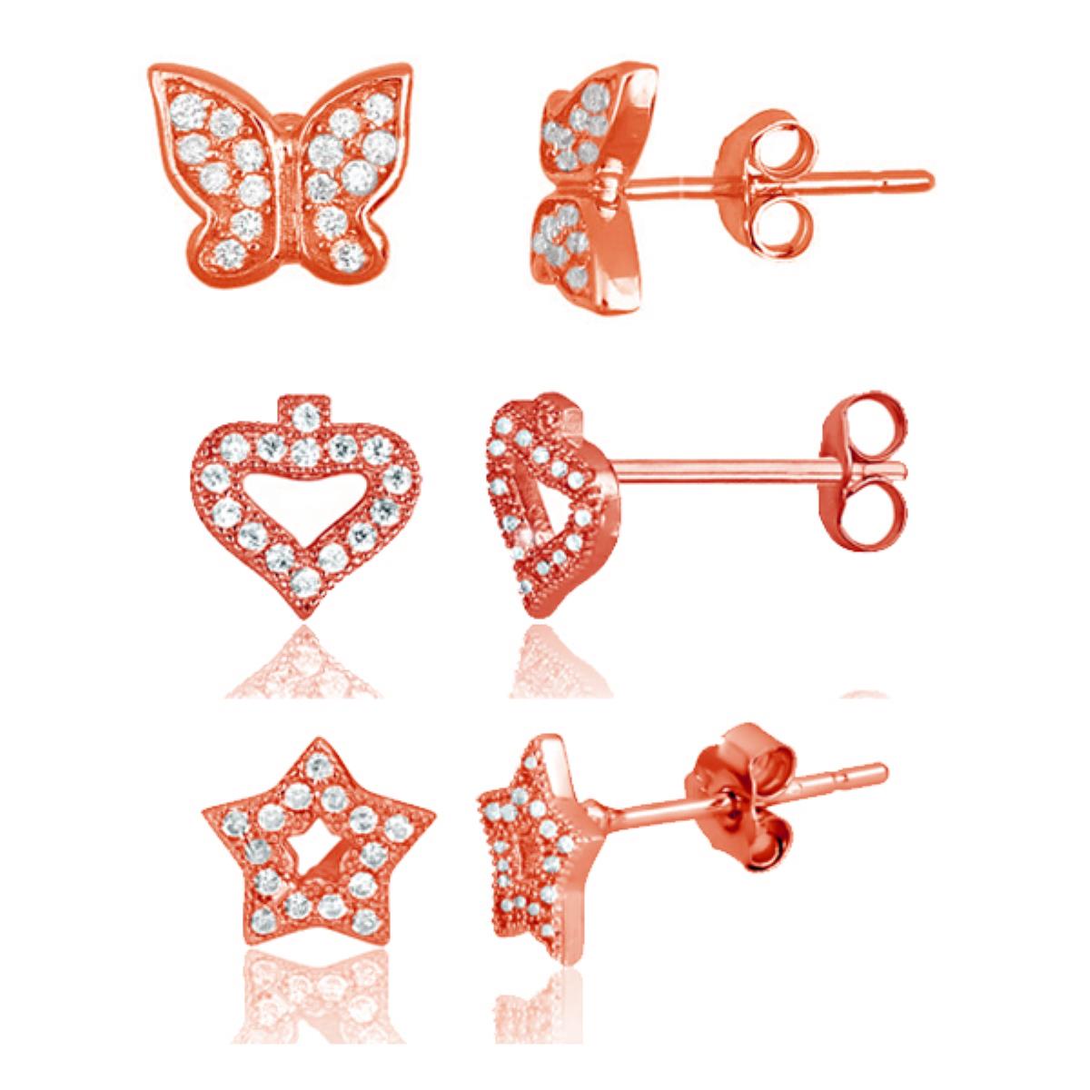 Sterling Silver Rose 1-Micron Pave Butterfly, Heart and Star Stud Set