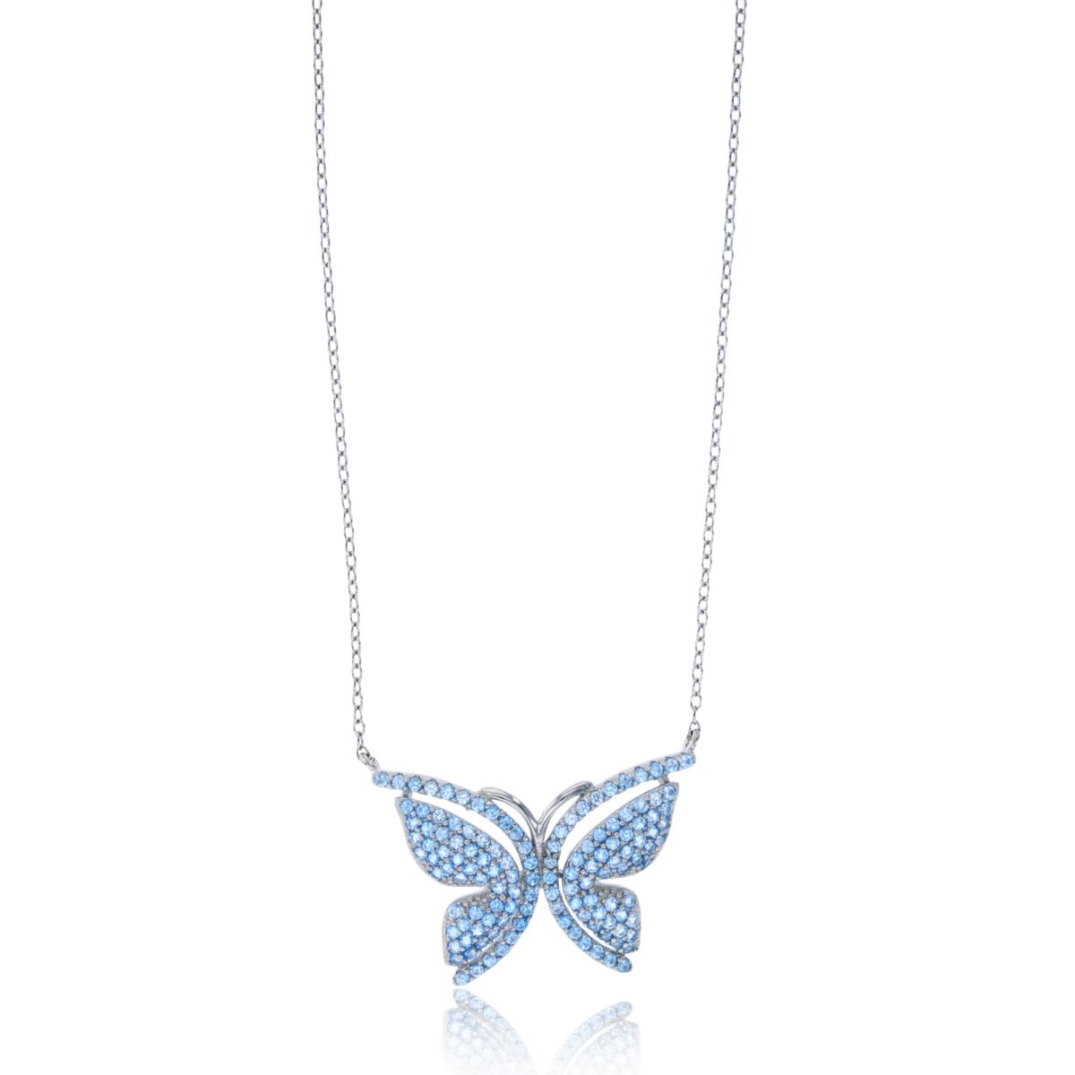 Sterling Silver Rhodium Rnd Blue Spinel CZ Pave Butterfly 16"+2"extNecklace
