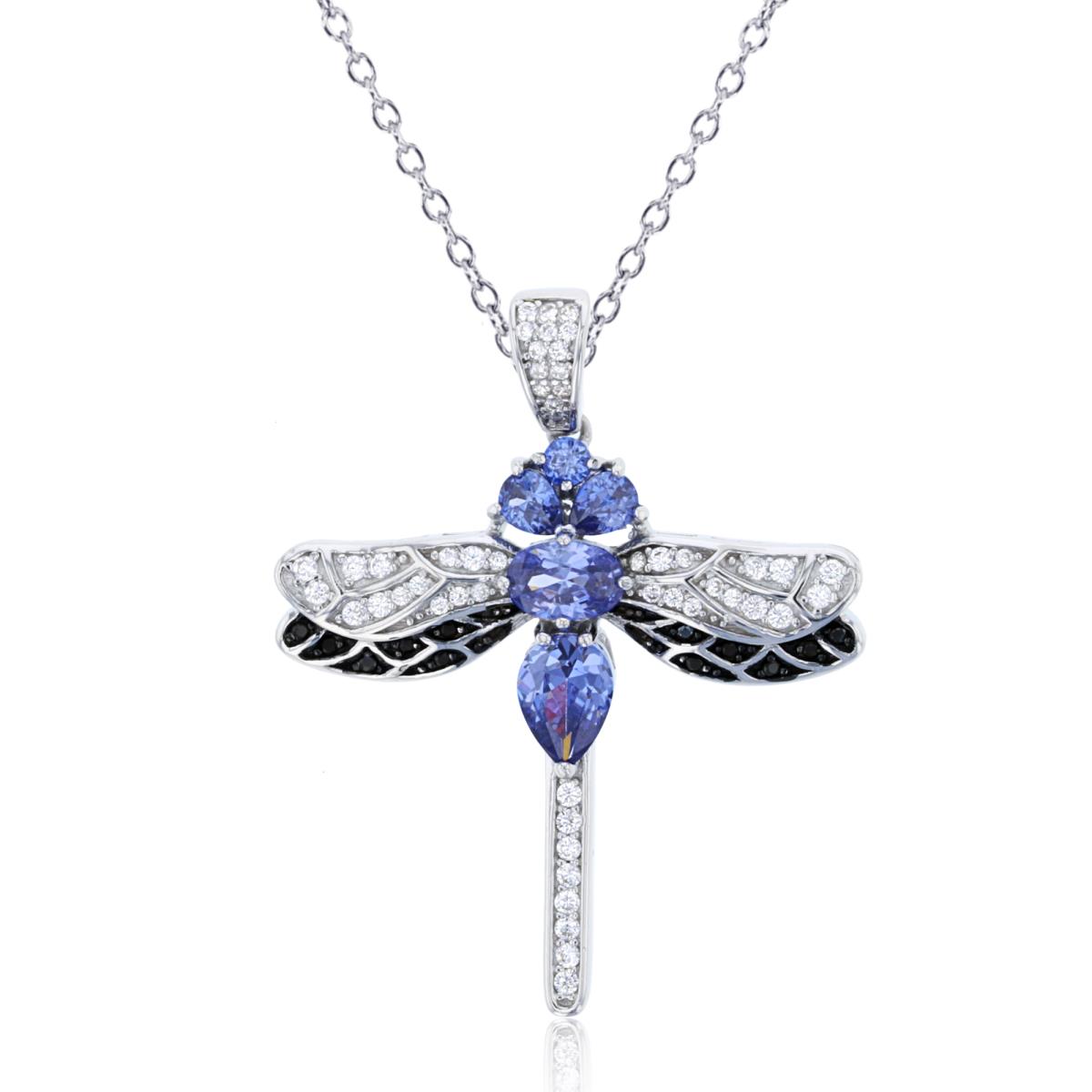 Sterling Silver Rhodium Multishape Multicolor Dragonfly Textured 18"Necklace