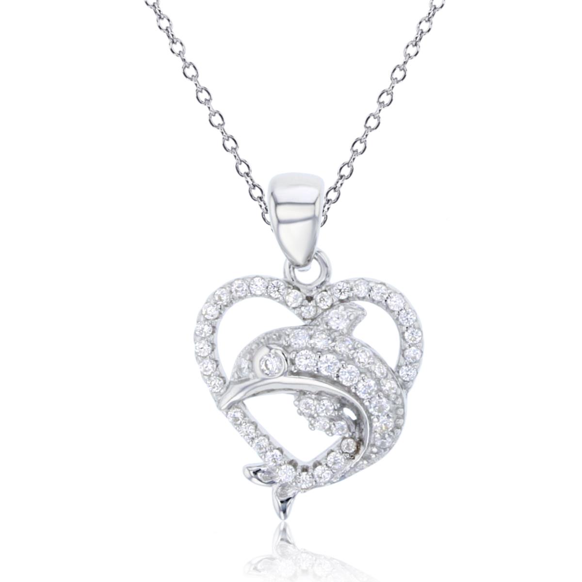 Sterling Silver Rhodium Rnd White CZ Dolhpin in Open Heart 18"Necklace