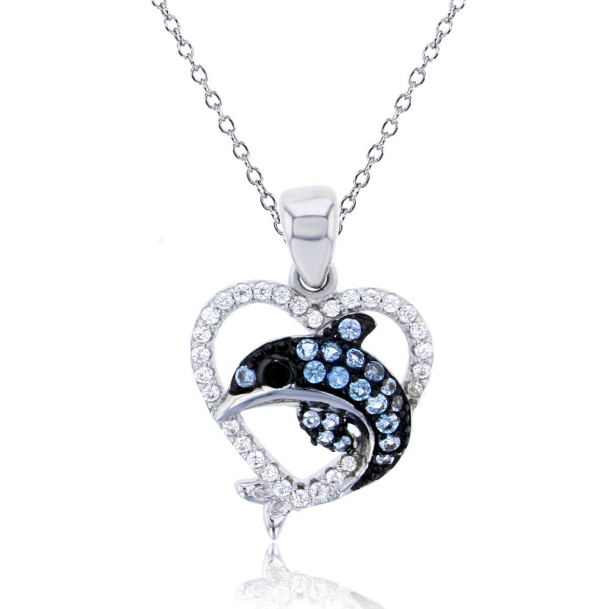 Sterling Silver Two-Tone Rnd Blue/White/Black CZ Dolhpin in Open Heart 18"Necklace