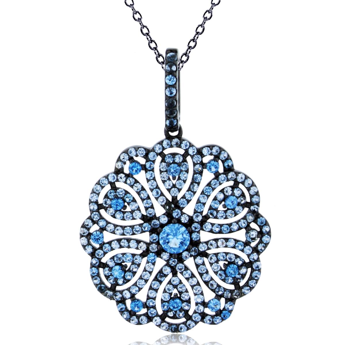 Sterling Silver Black Rnd Blue Spinel CZ Flower 18"Necklace