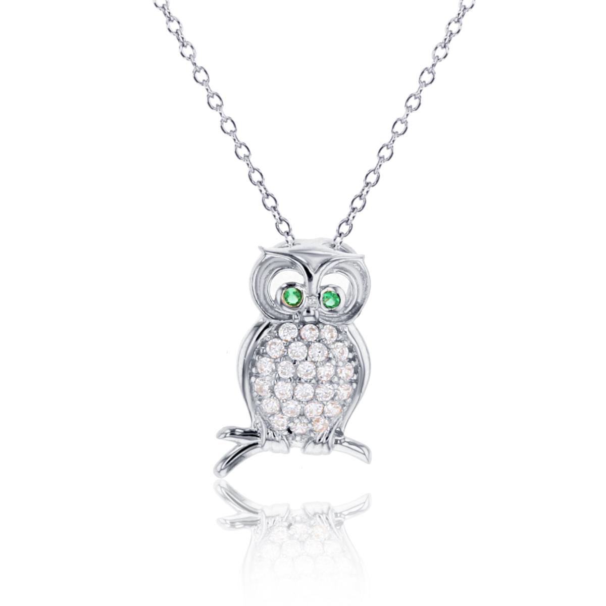 Sterling Silver Rhodium Rnd White & Emerald CZ Textured Owl 18"Necklace