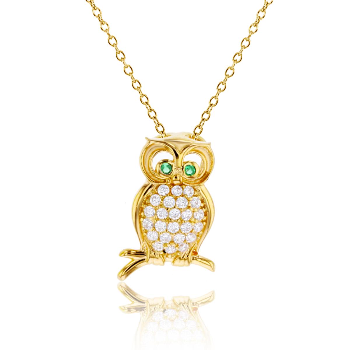 Sterling Silver Yellow Rnd White & Emerald CZ Textured Owl 18"Necklace